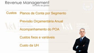 Revenue Management
Um estilo de gestão
Custos Planos de Conta por Segmento
Previsão Orçamentária Anual
Acompanhamento do POA
Custos fixos e variáveis
Custo da UH
 