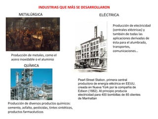 INDUSTRIAS QUE MÁS SE DESARROLLARON
METALÚRGICA

Producción de metales, como el
acero inoxidable o el aluminio

ELÉCTRICA
Producción de electricidad
(centrales eléctricas) y
también de todas las
aplicaciones derivadas de
ésta para el alumbrado,
transportes,
comunicaciones…

QUÍMICA

Pearl Street Station, primera central
productora de energía eléctrica en EEUU,
creada en Nueva York por la compañía de
Edison (1882). Al principio producía
electricidad para 400 bombillas de 85 clientes
de Manhattan

Producción de diversos productos químicos:
cemento, asfalto, pesticidas, tintes sintéticos,
productos farmacéuticos

 