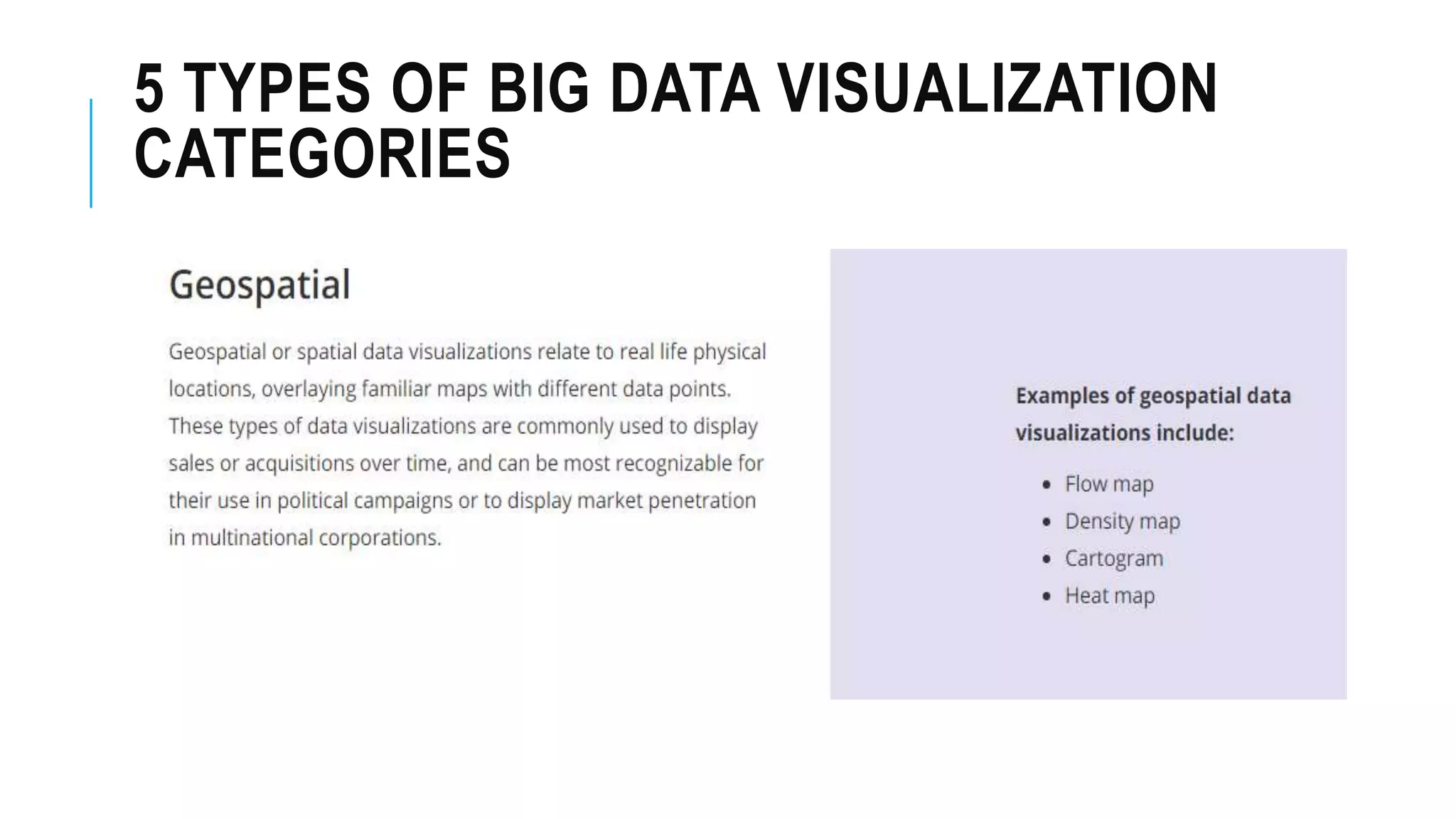 5 TYPES OF BIG DATA VISUALIZATION
CATEGORIES
 