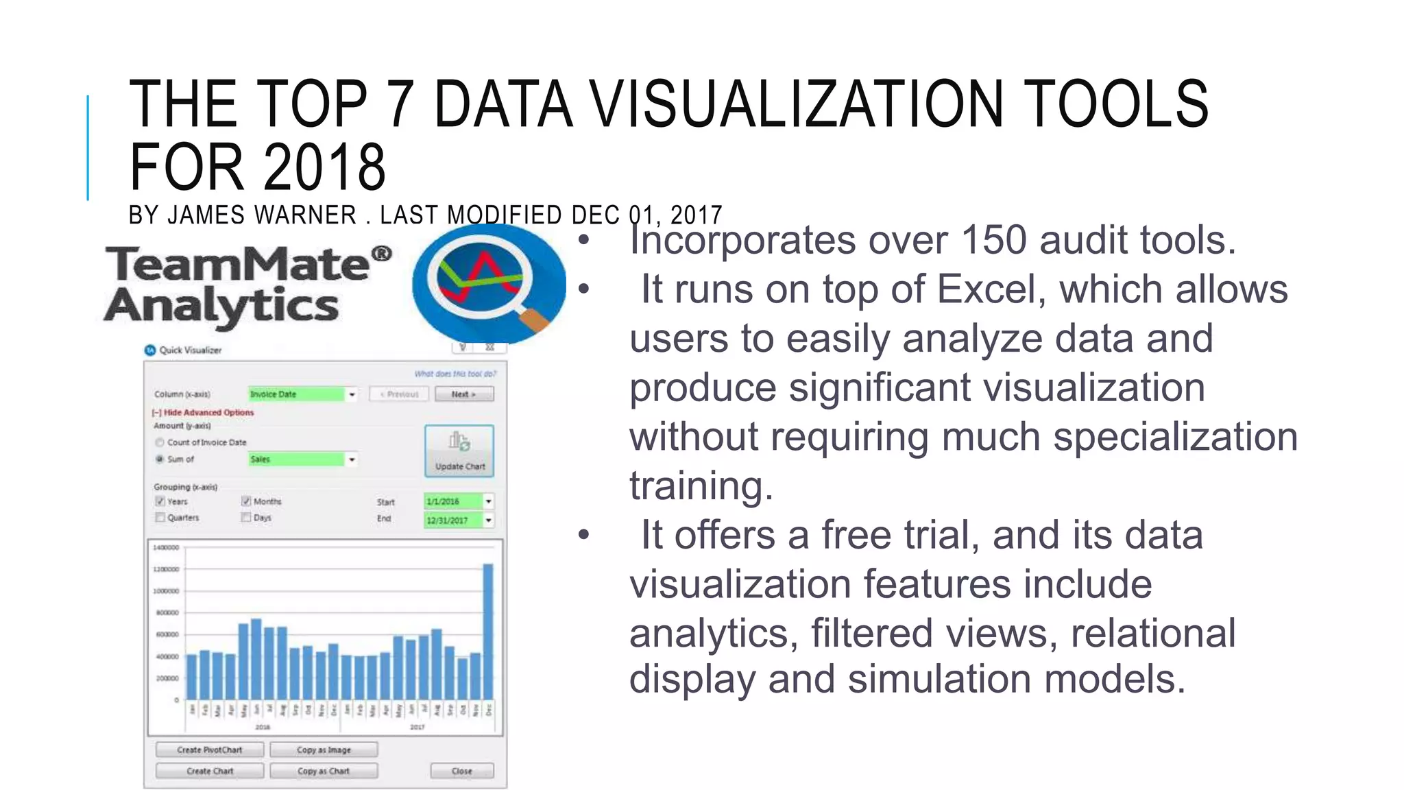 THE TOP 7 DATA VISUALIZATION TOOLS
FOR 2018
BY JAMES WARNER , LAST MODIFIED DEC 01, 2017
• Incorporates over 150 audit tools.
• It runs on top of Excel, which allows
users to easily analyze data and
produce significant visualization
without requiring much specialization
training.
• It offers a free trial, and its data
visualization features include
analytics, filtered views, relational
display and simulation models.
 