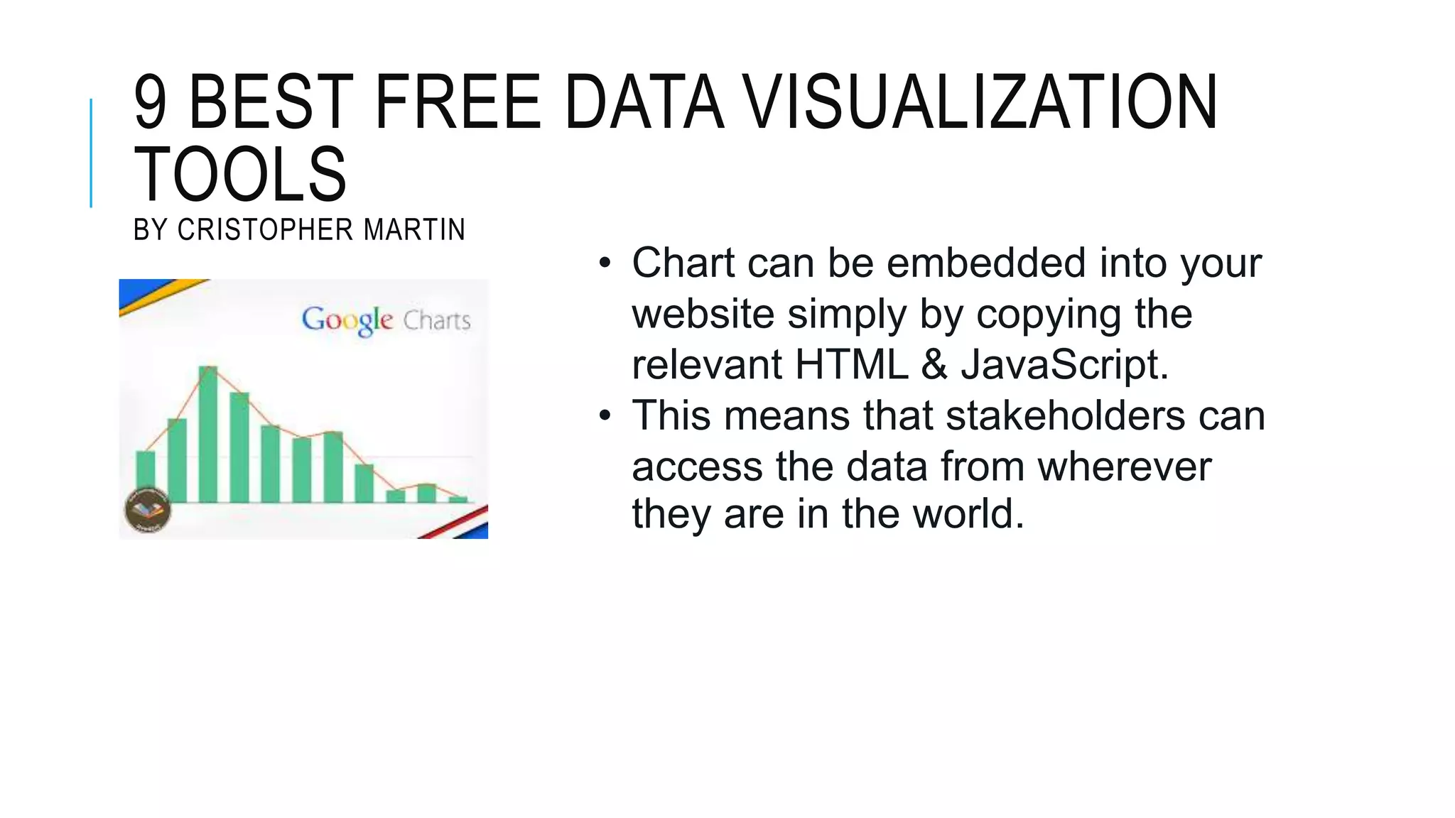 9 BEST FREE DATA VISUALIZATION
TOOLS
BY CRISTOPHER MARTIN
• Chart can be embedded into your
website simply by copying the
relevant HTML & JavaScript.
• This means that stakeholders can
access the data from wherever
they are in the world.
 
