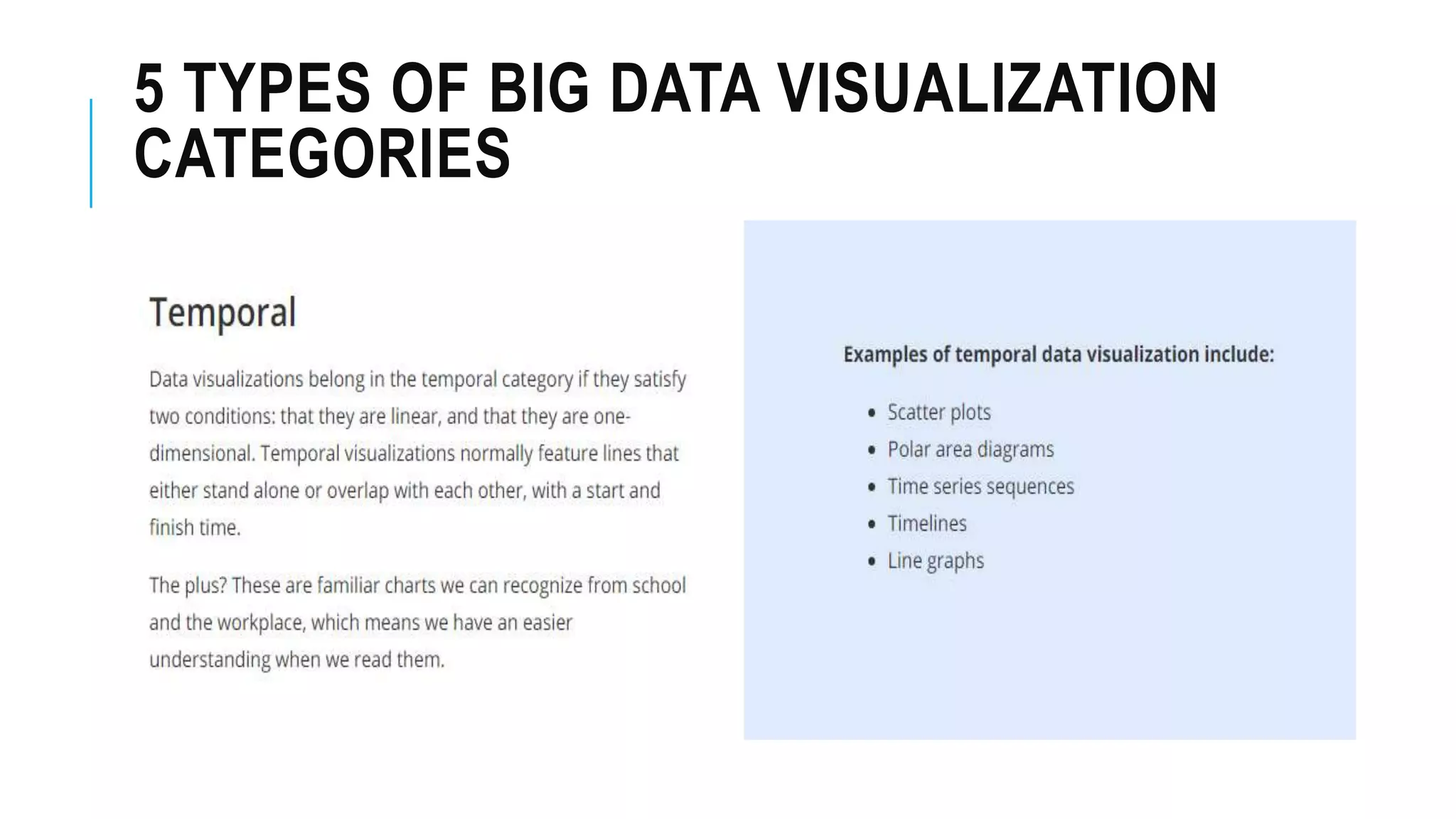 5 TYPES OF BIG DATA VISUALIZATION
CATEGORIES
 