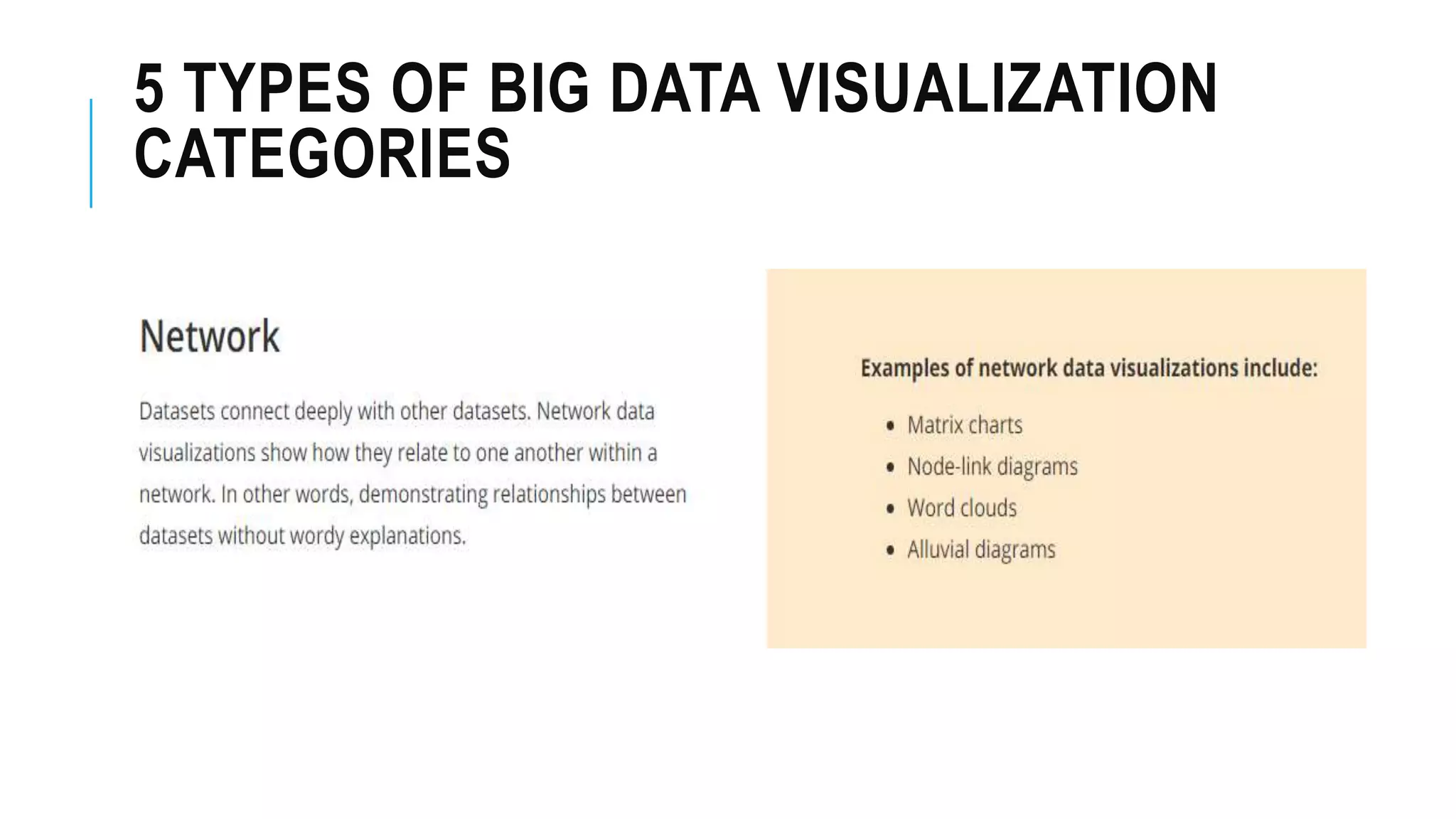 5 TYPES OF BIG DATA VISUALIZATION
CATEGORIES
 