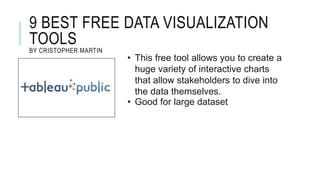9 BEST FREE DATA VISUALIZATION
TOOLS
BY CRISTOPHER MARTIN
• This free tool allows you to create a
huge variety of interactive charts
that allow stakeholders to dive into
the data themselves.
• Good for large dataset
 