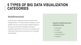 5 TYPES OF BIG DATA VISUALIZATION
CATEGORIES
 
