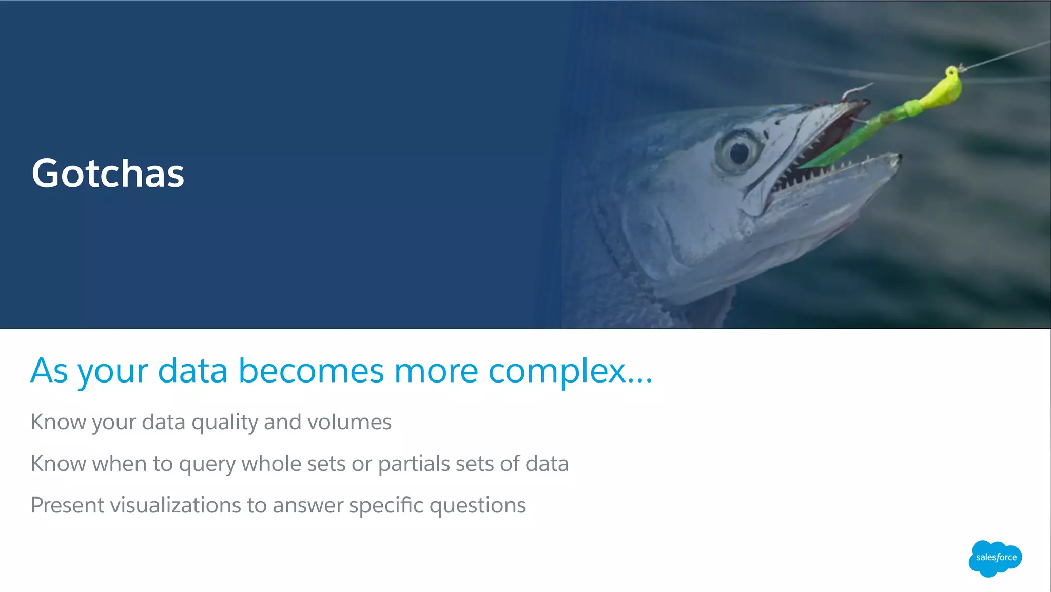 Know your data quality and volumes
Know when to query whole sets or partials sets of data
Present visualizations to answer speciﬁc questions
As your data becomes more complex...
Buddy Valastro, President & CEO, Carlo’s Bakery
Gotchas
 