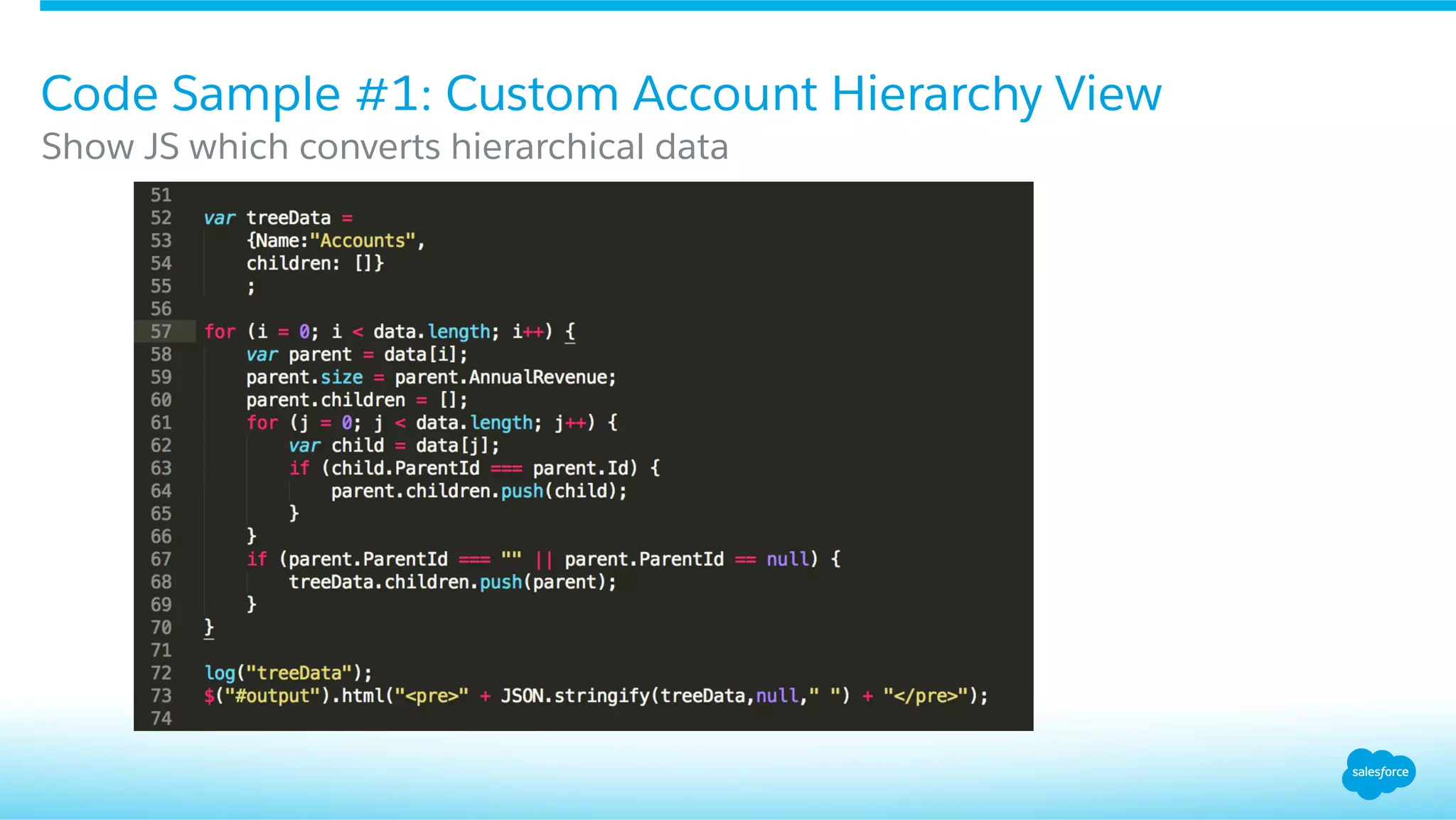 Code Sample #1: Custom Account Hierarchy View
Show JS which converts hierarchical data
 