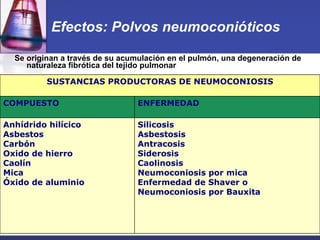 Efectos: Polvos neumoconióticos Se originan a través de su acumulación en el pulmón, una degeneración de naturaleza fibrótica del tejido pulmonar SUSTANCIAS PRODUCTORAS DE NEUMOCONIOSIS COMPUESTO ENFERMEDAD Anhídrido hilícico Asbestos Carbón Oxido de hierro Caolín Mica Óxido de aluminio Silicosis Asbestosis Antracosis Siderosis Caolinosis Neumoconiosis por mica Enfermedad de Shaver o Neumoconiosis por Bauxita 