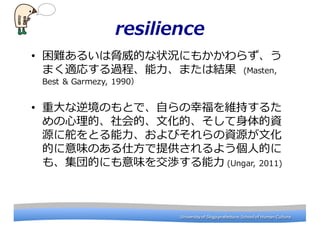University	
 ?of	
 ?Shiga	
 ?prefecture.	
 ?School	
 ?of	
 ?Human	
 ?CultureUniversity	
 ?of	
 ?Shiga	
 ?prefecture.	
 ?School	
 ?of	
 ?Human	
 ?Culture
resilience
? y뤤{Ĥ״rˤ⤫餺
ޤmꤹ^̡?ޤϽY (Masten, ?
Best & Garmezy, ?1990
? ?澳ΤȤǡ?ԤҸS֤뤿
?ġġ?Ļġ?Y
Դ˶Ȥ?ӤYԴ?Ļ
ĤζΤ?ṩ褦?˵Ĥ
⡢Ĥˤζ򽻜h? (Ungar, ?2011)
 