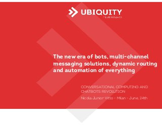 The new era of bots, multi-channel
messaging solutions, dynamic routing
and automation of everything
CONVERSATIONAL COMPUTING AND
CHATBOTS REVOLUTION
Nicola Junior Vitto - Milan - June, 24th
 