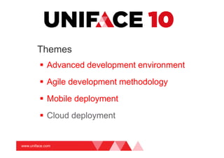www.uniface.com
Themes
Advanced development environment
Agile development methodology
Mobile deployment
Cloud deployment
 