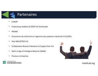IntelliLab.org
• CoRoM
• Productique Québec & CÉGEP de Sherbrooke
• PRISME
• Consortium de recherche en ingénierie des systèmes industriels 4.0 (CRISI)
• Poly INDUSTRIES 4.0
• Collaborative Research Network on Supply Chain 4.0
• Work at Age of Intelligent Machine (WAIN)
• Plusieurs entreprises
Partenaires
 