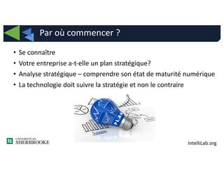 IntelliLab.org
• Se connaître
• Votre entreprise a-t-elle un plan stratégique?
• Analyse stratégique – comprendre son état de maturité numérique
• La technologie doit suivre la stratégie et non le contraire
Par où commencer ?
 