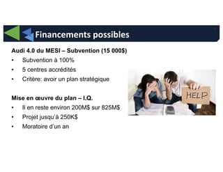 33
Financements possibles
Audi 4.0 du MESI – Subvention (15 000$)
• Subvention à 100%
• 5 centres accrédités
• Critère: avoir un plan stratégique
Mise en œuvre du plan – I.Q.
• Il en reste environ 200M$ sur 825M$
• Projet jusqu’à 250K$
• Moratoire d’un an
 