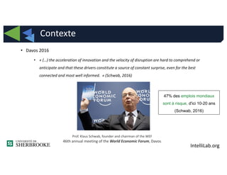 IntelliLab.org
• Davos 2016
• « (…) the acceleration of innovation and the velocity of disruption are hard to comprehend or
anticipate and that these drivers constitute a source of constant surprise, even for the best
connected and most well informed. » (Schwab, 2016)
Contexte
46th annual meeting of the World Economic Forum, Davos
Prof. Klaus Schwab, founder and chairman of the WEF
47% des emplois mondiaux
sont à risque, d'ici 10-20 ans
(Schwab, 2016)
 