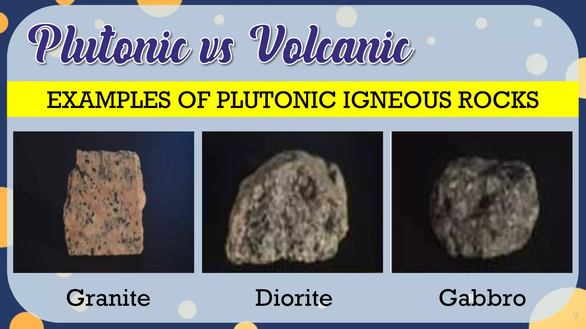 7
Granite Diorite Gabbro
EXAMPLES OF PLUTONIC IGNEOUS ROCKS
 