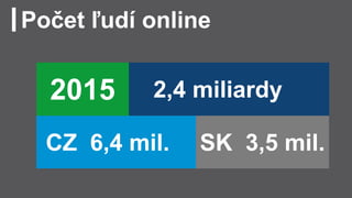 Počet ľudí online
2,4 miliardy2015
SK 3,5 mil.CZ 6,4 mil.
 