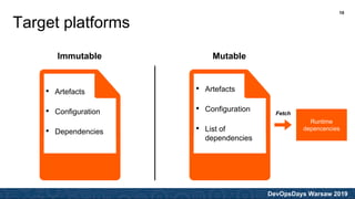 DevOpsDays Warsaw 2019
Target platforms
MutableImmutable
• Artefacts
• Configuration
• Dependencies
• Artefacts
• Configuration
• List of
dependencies
Runtime
depencencies
Fetch
10
 
