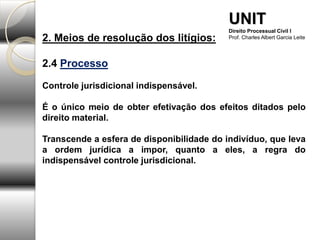 2. Meios de resolução dos litígios:
2.4 Processo
Controle jurisdicional indispensável.
É o único meio de obter efetivação dos efeitos ditados pelo
direito material.
Transcende a esfera de disponibilidade do indivíduo, que leva
a ordem jurídica a impor, quanto a eles, a regra do
indispensável controle jurisdicional.
UNIT
Direito Processual Civil I
Prof. Charles Albert Garcia Leite
 