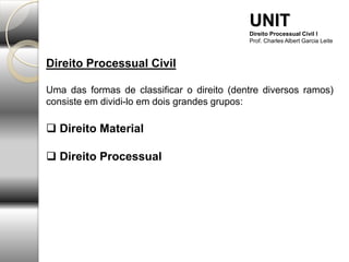 Direito Processual Civil
Uma das formas de classificar o direito (dentre diversos ramos)
consiste em dividi-lo em dois grandes grupos:
 Direito Material
 Direito Processual
UNIT
Direito Processual Civil I
Prof. Charles Albert Garcia Leite
 