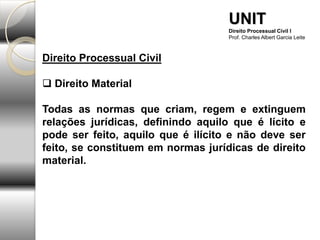 Direito Processual Civil
 Direito Material
Todas as normas que criam, regem e extinguem
relações jurídicas, definindo aquilo que é lícito e
pode ser feito, aquilo que é ilícito e não deve ser
feito, se constituem em normas jurídicas de direito
material.
UNIT
Direito Processual Civil I
Prof. Charles Albert Garcia Leite
 