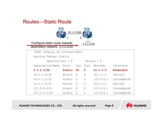 Routes—Static Route
[RTA] display ip routing-table
Routing Tables: Public
RTB
2.2.2.2/32
10.1.1.0/30
RTA
.1 .2
Configure static route towards
destination network 2.2.2.2/32
HUAWEI TECHNOLOGIES CO., LTD.. All rights reserved Page 8
Routing Tables: Public
Destinations : 8 Routes : 8
Destination/Mask Proto Pre Cost NextHop Interface
2.2.2.2/32 Static 60 0 10.1.2.2 Ethernet0
10.1.1.0/30 Direct 0 0 10.1.1.1 Serial0
10.1.1.1/32 Direct 0 0 127.0.0.1 InLoopBack0
10.1.1.2/32 Direct 0 0 10.1.1.2 Serial0
127.0.0.0/8 Direct 0 0 127.0.0.1 InLoopBack0
127.0.0.1/32 Direct 0 0 127.0.0.1 InLoopBack0
 