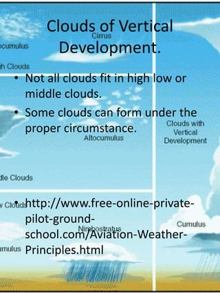 Clouds of Vertical
        Development.
• Not all clouds fit in high low or
  middle clouds.
• Some clouds can form under the
  proper circumstance.




• http://www.free-online-private-
  pilot-ground-
  school.com/Aviation-Weather-
  Principles.html
 