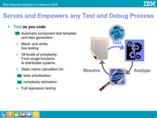 IBM Rational Software Conference 2009


Serves and Empowers any Test and Debug Process
       Test as you code
               Automatic component test template
               and data generation
                                                       code code code code


               Black- and white-
                                                       code code code code
                                                       code code code code
                                                       code code code code
                                                                             Test
                                                                             Test
               box testing
                                                       code code code ode
                                                       code code code code
                                                       code code code code
                                                       code code code code

               All levels of complexity:
                                                       code code code code
                                                       code


               From single functions
               to distributed systems
               Static metric calculation for:      Resolve                          Analyze
                                                   Resolve                          Analyze
           •    tests prioritization
           •    complexity estimation
               Full regression testing




                                                                                          12
 