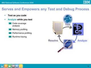 IBM Rational Software Conference 2009


Serves and Empowers any Test and Debug Process
       Test as you code
       Analyze while you test
            Code coverage                   code code code code


            analysis
                                            code code code code
                                            code code code code
                                            code code code code
                                                                  Test
                                                                  Test
                                            code code code ode
                                            code code code code

            Memory profiling                code code code code
                                            code code code code
                                            code code code code
                                            code

            Performance profiling
            Runtime tracing
                                        Resolve
                                        Resolve                          Analyze
                                                                         Analyze




                                                                               13
 