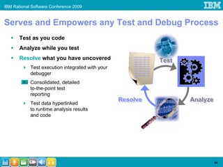 IBM Rational Software Conference 2009


Serves and Empowers any Test and Debug Process
       Test as you code
       Analyze while you test
       Resolve what you have uncovered                code code code code
                                                      code code code code
                                                                            Test
                                                      code code code code
                                                      code code code code
                                                                            Test
            Test execution integrated with your       code code code ode
                                                      code code code code
                                                      code code code code
            debugger                                  code code code code
                                                      code code code code
                                                      code


            Consolidated, detailed
            to-the-point test
            reporting
                                                  Resolve
                                                  Resolve                          Analyze
                                                                                   Analyze
            Test data hyperlinked
            to runtime analysis results
            and code




                                                                                         14
 