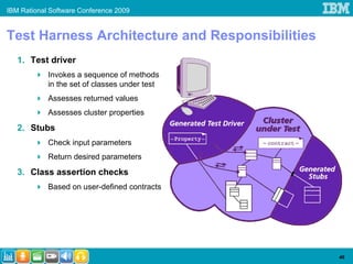 IBM Rational Software Conference 2009


Test Harness Architecture and Responsibilities
   1. Test driver
            Invokes a sequence of methods
            in the set of classes under test
            Assesses returned values
            Assesses cluster properties
   2. Stubs
            Check input parameters
            Return desired parameters
   3. Class assertion checks
            Based on user-defined contracts




                                                 46
 