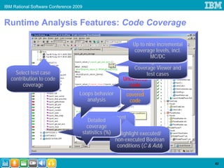 IBM Rational Software Conference 2009


Runtime Analysis Features: Code Coverage

                                                              Up to nine incremental
                                                              Up to nine incremental
                                                               coverage levels, incl.
                                                               coverage levels, incl.
                                                                      MC/DC
                                                                      MC/DC
                                                                 Linkage between
                                                                 Linkage between
                                                              Coverage Viewer and
                                                               Coverage Viewer and
     Select test case
     Select test case
   contribution to code                                   Covered test cases
                                                          Covered test cases
                                                         Uncovered
   contribution to code                                  Uncovered
                                                            code
        coverage
         coverage                                           code
                                                            code
                                                             code
                                                          Partially
                                                           Partially
                                   Loops behavior
                                   Loops behavior         covered
                                                           covered
                                      analysis
                                      analysis              code
                                                             code

                                         Source component
                                          Source component
                                           Detailed
                                           Detailed for
                                             browser
                                          coverage for
                                              browser
                                           coverage
                                        detailed/aggregated
                                         detailed/aggregated
                                        statistics (%) Highlight executed/
                                        statistics (%) rates
                                         code coverage Highlight executed/
                                        code coverage rates
                                                       non-executed Boolean
                                                       non-executed Boolean
                                                        conditions (C & Ada)
                                                        conditions (C & Ada)

                                                                                        63
 