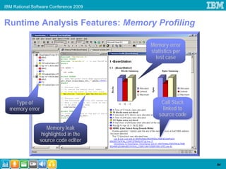 IBM Rational Software Conference 2009


Runtime Analysis Features: Memory Profiling

                                        Memory error
                                        statistics per
                                          test case




    Type of                                 Call Stack
                                            Call Stack
  memory error                               linked to
                                              linked to
                                           source code
                                           source code

                   Memory leak
                 highlighted in the
                source code editor



                                                          64
 