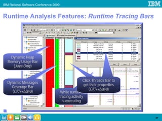 IBM Rational Software Conference 2009


Runtime Analysis Features: Runtime Tracing Bars




   Dynamic Heap
    Dynamic Heap
  Memory Usage Bar
  Memory Usage Bar
     (Java Only)
      (Java Only)


                                                    Click Threads Bar to
                                                       Active Thread
                                                     Click Threads Bar to
                                                       Active Thread
  Dynamic Messages
  Dynamic Messages                                   get their properties
                                                      Representation
                                                      get their properties
                                                       Representation
    Coverage Bar
    Coverage Bar                                        (C/C++/Java)
                                                          (C/C++/Java)
                                                           (C/C++/Java)
                                                         (C/C++/Java)
     (C/C++/Java)
      (C/C++/Java)                   While runtime
                                      While runtime
                                    tracing activity
                                     tracing activity
                                      is executing
                                       is executing


                                                                             67
 