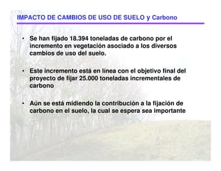 IMPACTO DE CAMBIOS DE USO DE SUELO y Carbono
• Se han fijado 18.394 toneladas de carbono por el
incremento en vegetación asociado a los diversos
cambios de uso del suelo.
• Este incremento está en línea con el objetivo final del
proyecto de fijar 25.000 toneladas incrementales de
carbono
• Aún se está midiendo la contribución a la fijación de
carbono en el suelo, la cual se espera sea importante
 