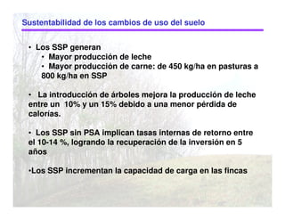 Sustentabilidad de los cambios de uso del suelo
• Los SSP generan
• Mayor producción de leche
• Mayor producción de carne: de 450 kg/ha en pasturas a
800 kg/ha en SSP
• La introducción de árboles mejora la producción de leche
entre un 10% y un 15% debido a una menor pérdida de
calorías.
• Los SSP sin PSA implican tasas internas de retorno entre
el 10-14 %, logrando la recuperación de la inversión en 5
años
•Los SSP incrementan la capacidad de carga en las fincas
 