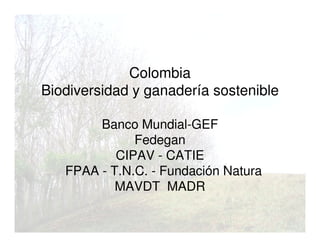Colombia
Biodiversidad y ganadería sostenible
Banco Mundial-GEF
Fedegan
CIPAV - CATIE
FPAA - T.N.C. - Fundación Natura
MAVDT MADR
 
