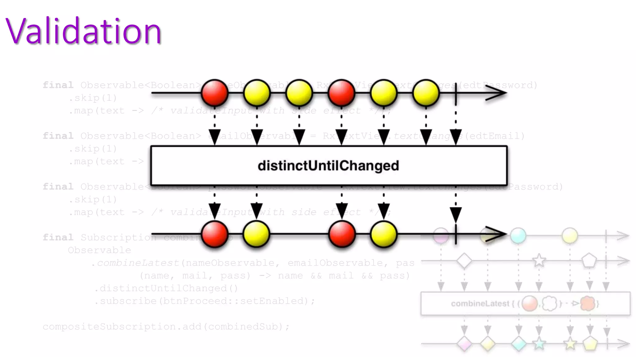 Validation
final Observable<Boolean> nameObservable = RxTextView.textChanges(edtPassword)
.skip(1)
.map(text -> /* validateInput with side effect */);
final Observable<Boolean> emailObservable = RxTextView.textChanges(edtEmail)
.skip(1)
.map(text -> /* validateInput with side effect */);
final Observable<Boolean> passwordObservable = RxTextView.textChanges(edtPassword)
.skip(1)
.map(text -> /* validateInput with side effect */);
final Subscription combinedSub =
Observable
.combineLatest(nameObservable, emailObservable, passwordObservable,
(name, mail, pass) -> name && mail && pass)
.distinctUntilChanged()
.subscribe(btnProceed::setEnabled);
compositeSubscription.add(combinedSub);
 