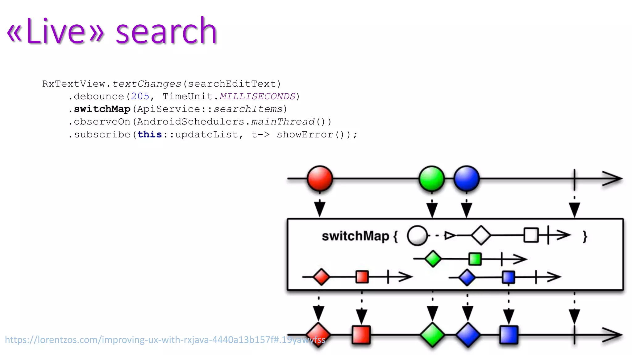«Live» search
RxTextView.textChanges(searchEditText)
.debounce(205, TimeUnit.MILLISECONDS)
.switchMap(ApiService::searchItems)
.observeOn(AndroidSchedulers.mainThread())
.subscribe(this::updateList, t-> showError());
https://lorentzos.com/improving-ux-with-rxjava-4440a13b157f#.19yawyfss
 