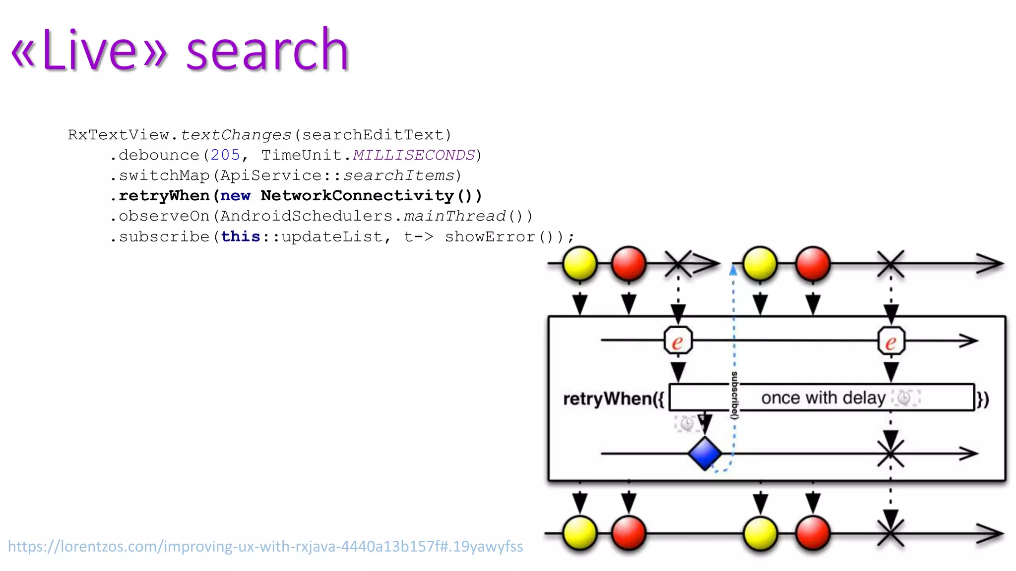 «Live» search
RxTextView.textChanges(searchEditText)
.debounce(205, TimeUnit.MILLISECONDS)
.switchMap(ApiService::searchItems)
.retryWhen(new NetworkConnectivity())
.observeOn(AndroidSchedulers.mainThread())
.subscribe(this::updateList, t-> showError());
https://lorentzos.com/improving-ux-with-rxjava-4440a13b157f#.19yawyfss
 
