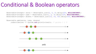Conditional & Boolean operators
Observable<Integer> zeros = Observable.just(0, 0, 0).delay(200, MILLISECONDS);
Observable<Integer> nums = Observable.just(1, 2, 3).delay(100, MILLISECONDS);
Observable<Integer> dozens = Observable.just(10, 20, 60).delay(300, MILLISECONDS);
Observable.amb(zeros, nums, dozens)
.subscribe(res -> System.out.println(res)); // prints 1 2 3
 