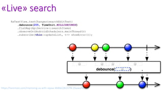 «Live» search
RxTextView.textChanges(searchEditText)
.debounce(205, TimeUnit.MILLISECONDS)
.flatMap(ApiService::searchItems)
.observeOn(AndroidSchedulers.mainThread())
.subscribe(this::updateList, t-> showError());
https://lorentzos.com/improving-ux-with-rxjava-4440a13b157f#.19yawyfss
 