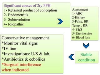 Significant causes of 2ry PPH
1- Retained product of conception
2- Endometritis
3- Subinvolution
4- Idiopathic
Assessment
1- ABC
2-History
3-Pulse, BP,
Temp. , RR
4- S&S
5- Uterine size
6- Blood lossConservative management
*Monitor vital signs
*IV line
*Investigations: U/S & lab.
*Antibiotics & ecboliics
*Surgical interference
when indicated
Stable
condition
 