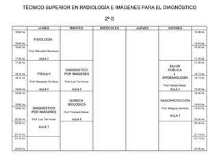 TÉCNICO SUPERIOR EN RADIOLOGÍA E IMÁGENES PARA EL DIAGNÓSTICO
2º S
LUNES MARTES MIERCOLES JUEVES VIERNES
16:00 hs 16:00 hs
FISIOLOGÍA
16:45 hs 16:45 hs
16:45 hs 16:45 hs
Prof: Mercedes Montivero
17:30 hs AULA 7 17:30 hs
17:30 hs 17:30 hs
SALUD
DIAGNÓSTICO PÚBLICA
18:15 hs FÍSICA II POR IMÁGENES y 18:15 hs
18:15 hs EPIDEMIOLOGÍA 18:15 hs
Prof: Sebastían De Bona Prof: Luis Ten Huver
Prof: Natalia Malah
19:00 hs AULA 7 AULA 5 AULA 7 19:00 hs
19:00 hs 19:00 hs
QUÍMICA RADIOPROTECCIÓN
19:45 hs BIOLÓGICA 19:45 hs
19:45 hs DIAGNÓSTICO Prof: Milagros Samiñon 19:45 hs
POR IMÁGENES Prof: Elizabeth Malah
AULA 7
20:30 hs Prof: Luis Ten Huver AULA 5 20:30 hs
20:30 hs 20:30 hs
AULA 7
21:15 hs 21:15 hs
21:15 hs 21:15 hs
22:00 hs 22:00 hs
 