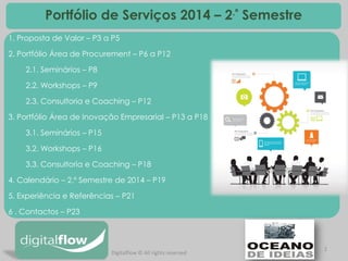 2 
1. Proposta de Valor – P3 a P5 
2. Portfólio Área de Procurement – P6 a P12 
2.1. Seminários – P8 
2.2. Workshops – P9 
2.3. Consultoria e Coaching – P12 
3. Portfólio Área de Inovação Empresarial – P13 a P18 
3.1. Seminários – P15 
3.2. Workshops – P16 
3.3. Consultoria e Coaching – P18 
4. Calendário – 2.º Semestre de 2014 – P19 
5. Experiência e Referências – P21 
6 . Contactos – P23 
Portfólio de Serviços 2014 – 2.º Semestre 
Digitalflow © All rights reserved  