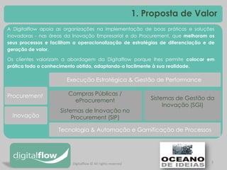 3 
1. Proposta de Valor 
A Digitalflow apoia as organizações na implementação de boas práticas e soluções inovadoras - nas áreas da Inovação Empresarial e do Procurement, que melhoram os seus processos e facilitam a operacionalização de estratégias de diferenciação e de geração de valor. 
Os clientes valorizam a abordagem da Digitalflow porque lhes permite colocar em prática todo o conhecimento obtido, adaptando-o facilmente à sua realidade. 
Compras Públicas / eProcurement Sistemas de Inovação no Procurement (SIP) 
Sistemas de Gestão da Inovação (SGI) 
Procurement 
Inovação 
Execução Estratégica & Gestão de Performance 
Tecnologia & Automação e Gamificação de Processos 
Digitalflow © All rights reserved  
