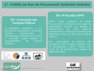 8 
2.1. Portfólio da Área de Procurement: Seminários Gratuitos 
SP1- A Inovação nas Compras Públicas 
A Digitalflow apresenta o seu framework Procurement Innovation Systems, apresentado na Universidade de Bangor, RU e como a inovação pode integrar os procedimentos de compras públicas. 
SP2- 4ª Reunião FAPPE FAPPE (Faster Adoption of Public Procurement in Europe) é uma rede de especialistas focados na partilha e disseminação de boas práticas, conhecimento, formação e coaching de utilizadores-chave na área das compras públicas. Esta comunidade já efetuou três reuniões em 2013 – Porto e Londres, com 53 participantes e 2014 – Viena, com cerca de 60 participantes, sempre de diferentes Países. 
Digitalflow © All rights reserved  