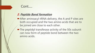 Cont.....
2. Peptide Bond formation
After aminoacyl-tRNA delivery, the A and P sites are
both occupied and the two amino acids that are to
be joined are close to each other.
The peptidyl transferase activity of the 50s subunit
can now form of peptide bond between the two
amino acids.
 