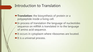 Introduction to Translation
Translation: the biosynthesis of protein or a
polypeptide inside a living cell.
In process of translation the language of nucleotides
sequence on mRNA is translated in to the language
of amino acid sequence.
It occurs in cytoplasm where ribosomes are located.
It is a universal process.
 