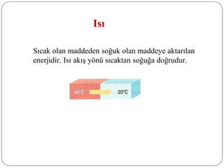 Isı
Sıcak olan maddeden soğuk olan maddeye aktarılan
enerjidir. Isı akış yönü sıcaktan soğuğa doğrudur.
 